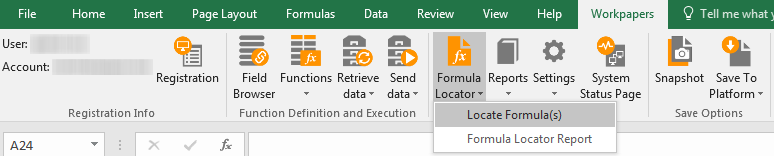 Screen capture showing the menu option to locate formulas in a specific worksheet range.